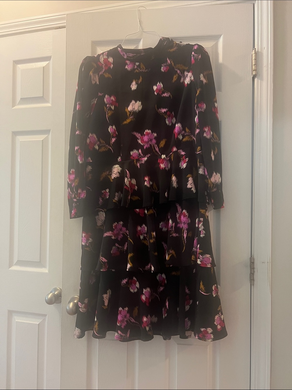Black Floral Tiered Long Sleeve Dress - Pink & Cream Blooms